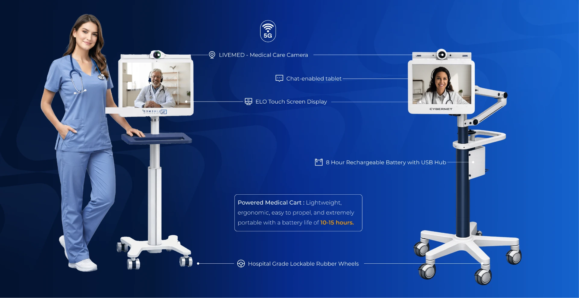 EMMA telemedicine cart with clinical-grade camera, tablet and touch display